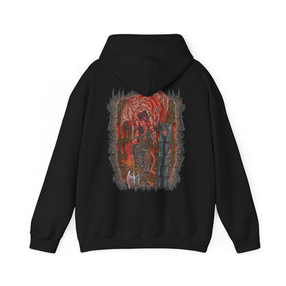 Image 5 of a Hooded Sweatshirt of Karlach unleashing the fiery power of her infernal heart, flames roaring around her as she stands victorious in a storm of ash and sparks. The infernal engine embedded in her chest radiates heat and light, symbolizing both curse and power. The composition emphasizes survival, rebellion, and the burning determination of the Fury of Avernus.