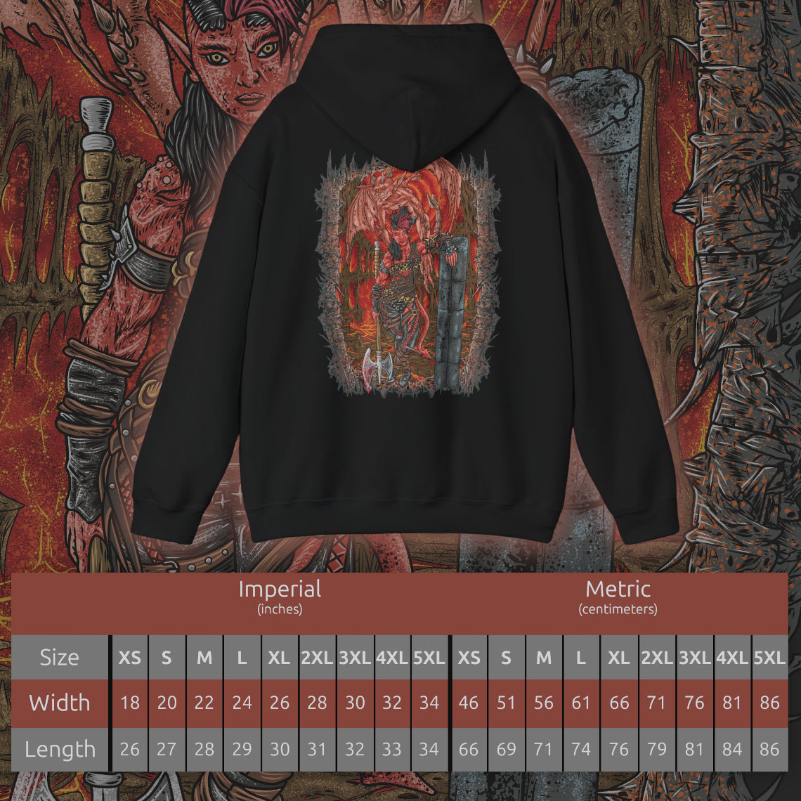Size chart of a Hooded Sweatshirt of Karlach unleashing the fiery power of her infernal heart, flames roaring around her as she stands victorious in a storm of ash and sparks. The infernal engine embedded in her chest radiates heat and light, symbolizing both curse and power. The composition emphasizes survival, rebellion, and the burning determination of the Fury of Avernus.