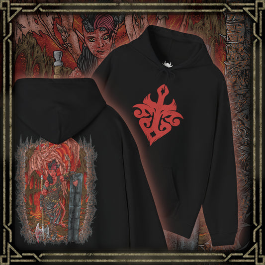Thumbnail of a Hooded Sweatshirt of Karlach unleashing the fiery power of her infernal heart, flames roaring around her as she stands victorious in a storm of ash and sparks. The infernal engine embedded in her chest radiates heat and light, symbolizing both curse and power. The composition emphasizes survival, rebellion, and the burning determination of the Fury of Avernus.