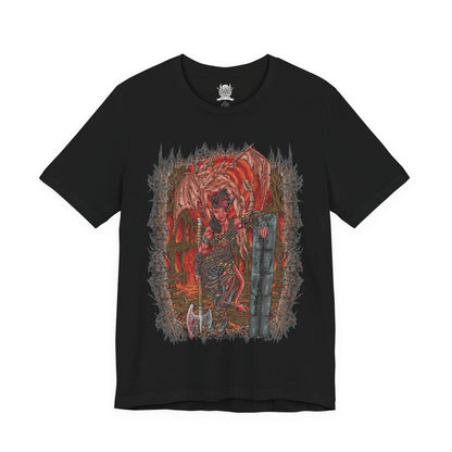 Image 4 of a T-shirt design of Karlach, Fury of Avernus from Baldur’s Gate 3, charging into battle with her infernal engine blazing through cracked armor. Flames erupt from her chest as molten energy surges across her skin, reflecting the hellish power forged during her years fighting in the Blood War. The design captures Karlach’s unstoppable fury, resilience, and defiant spirit against the devils of Avernus.