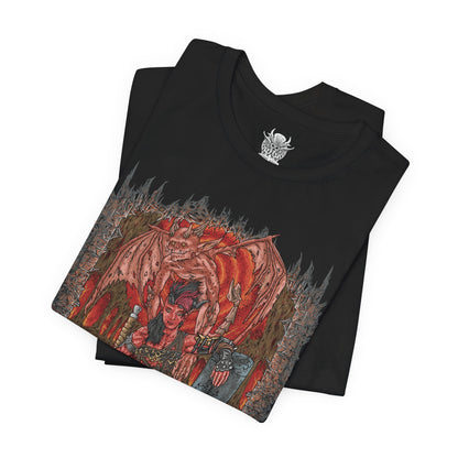 Image 5 of a T-shirt design of Karlach, Fury of Avernus from Baldur’s Gate 3, charging into battle with her infernal engine blazing through cracked armor. Flames erupt from her chest as molten energy surges across her skin, reflecting the hellish power forged during her years fighting in the Blood War. The design captures Karlach’s unstoppable fury, resilience, and defiant spirit against the devils of Avernus.