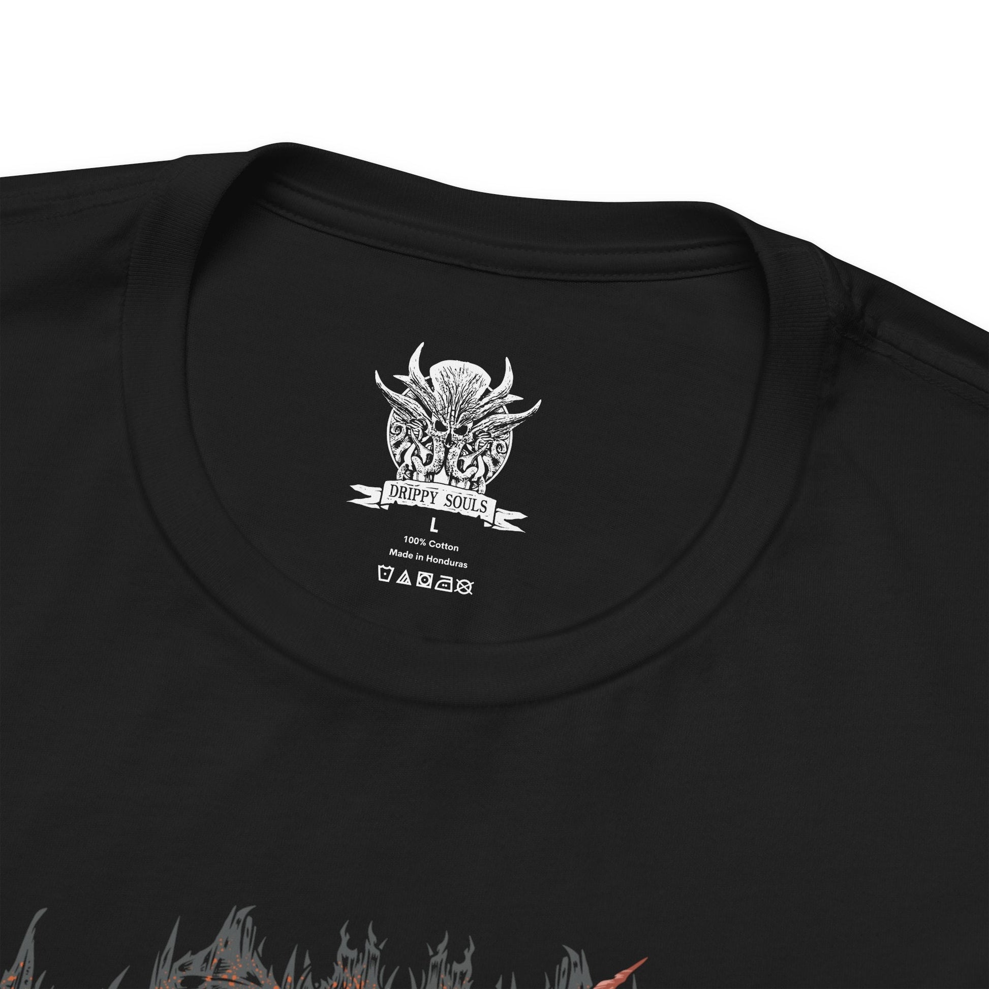 Folded T-shirt design of Karlach, Fury of Avernus from Baldur’s Gate 3, charging into battle with her infernal engine blazing through cracked armor. Flames erupt from her chest as molten energy surges across her skin, reflecting the hellish power forged during her years fighting in the Blood War. The design captures Karlach’s unstoppable fury, resilience, and defiant spirit against the devils of Avernus.