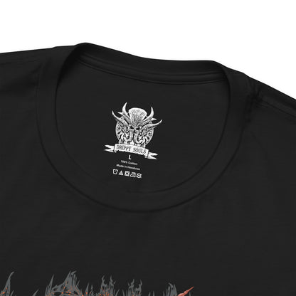 Folded T-shirt design of Karlach, Fury of Avernus from Baldur’s Gate 3, charging into battle with her infernal engine blazing through cracked armor. Flames erupt from her chest as molten energy surges across her skin, reflecting the hellish power forged during her years fighting in the Blood War. The design captures Karlach’s unstoppable fury, resilience, and defiant spirit against the devils of Avernus.