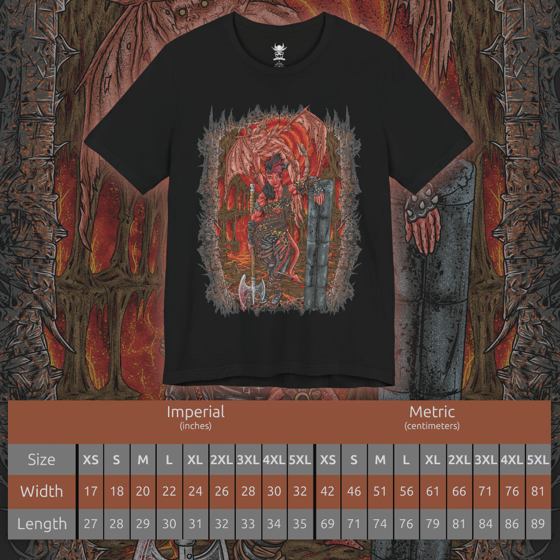 Size chart of a T-shirt design of Karlach, Fury of Avernus from Baldur’s Gate 3, charging into battle with her infernal engine blazing through cracked armor. Flames erupt from her chest as molten energy surges across her skin, reflecting the hellish power forged during her years fighting in the Blood War. The design captures Karlach’s unstoppable fury, resilience, and defiant spirit against the devils of Avernus.