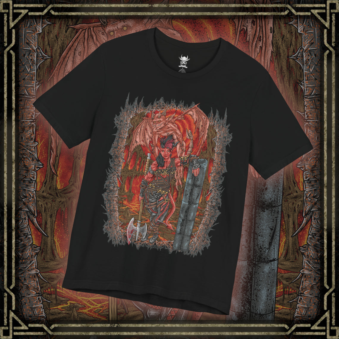 Thumbnail of a T-shirt design of Karlach, Fury of Avernus from Baldur’s Gate 3, charging into battle with her infernal engine blazing through cracked armor. Flames erupt from her chest as molten energy surges across her skin, reflecting the hellish power forged during her years fighting in the Blood War. The design captures Karlach’s unstoppable fury, resilience, and defiant spirit against the devils of Avernus.