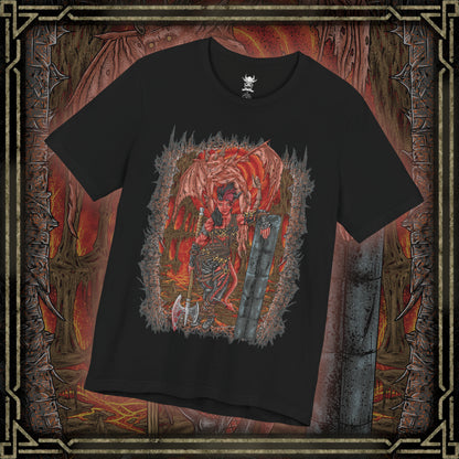 Thumbnail of a T-shirt design of Karlach, Fury of Avernus from Baldur’s Gate 3, charging into battle with her infernal engine blazing through cracked armor. Flames erupt from her chest as molten energy surges across her skin, reflecting the hellish power forged during her years fighting in the Blood War. The design captures Karlach’s unstoppable fury, resilience, and defiant spirit against the devils of Avernus.