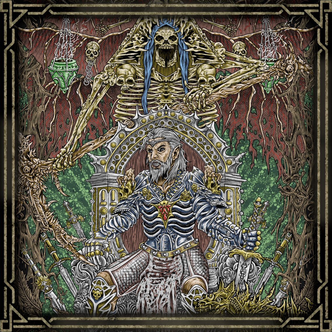 Concept Art of Ketheric Thorm and Myrkul. Driven by loss, Ketheric Thorm surrendered to Myrkul, trading humanity for necromantic might. His immortality fuels the cult’s rise and the spread of the Shadow-Curse, enslaving souls to the god of death. Ketheric’s story is the tragedy of a man broken by fate, reshaped into a monster who believes salvation lies in eternal darkness.