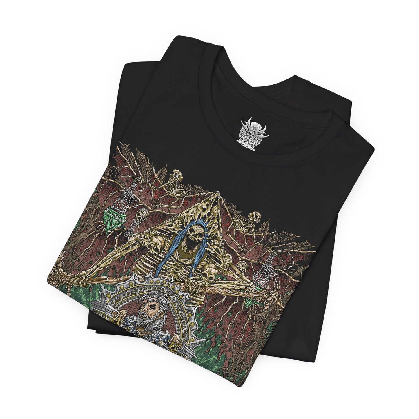 Image 5 of a T-shirt design of Ketheric Thorm, the mortal vessel of Myrkul, Lord of Bones, shrouded in dark necrotic energy. His skeletal visage and flowing black robes radiate death magic, while the shadows of the underworld swirl around him. This design captures the terrifying fusion of mortal ambition and divine deathly power in the Forgotten Realms.
