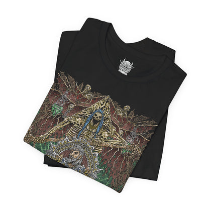 Image 5 of a T-shirt design of Ketheric Thorm, the mortal vessel of Myrkul, Lord of Bones, shrouded in dark necrotic energy. His skeletal visage and flowing black robes radiate death magic, while the shadows of the underworld swirl around him. This design captures the terrifying fusion of mortal ambition and divine deathly power in the Forgotten Realms.