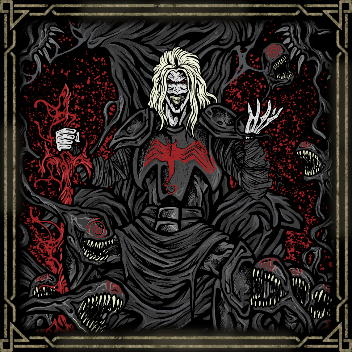 Artwork of Knull God of the Symbiotes. Knull is the ancient god of the symbiotes in the Marvel Universe, born from the primordial darkness that existed before creation itself. Wielding the living abyss and the terrifying All-Black Necrosword, Knull created the symbiote race and sought to extinguish light across the cosmos, becoming one of Marvel’s most powerful cosmic threats.