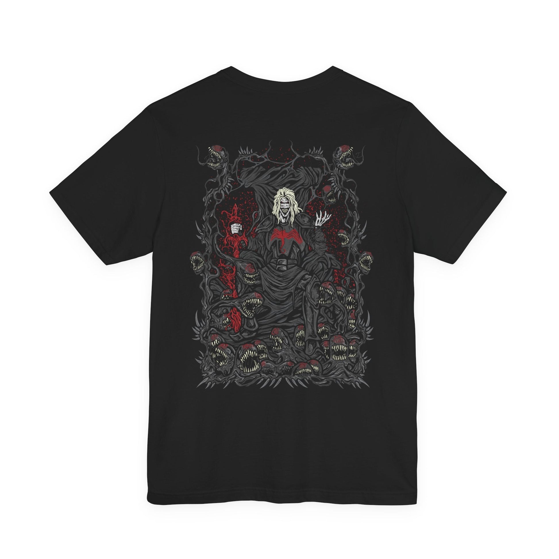 Image 5 of a T-Shirt artwork depicting Knull summoning an army of symbiote dragons beneath a collapsing sky, black tendrils engulfing planets and stars around him. The All-Black Necrosword crackles with dark energy while living shadows twist across his armor. This design reflects his role as creator of the symbiotes and the overwhelming force of an ancient god seeking to consume all light.