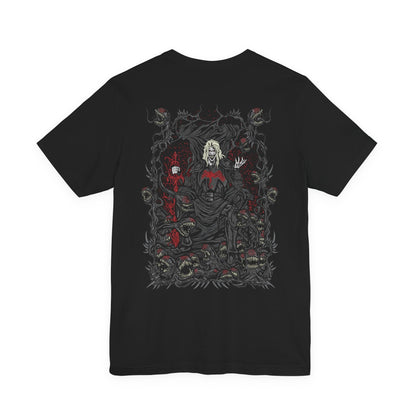 Image 5 of a T-Shirt artwork depicting Knull summoning an army of symbiote dragons beneath a collapsing sky, black tendrils engulfing planets and stars around him. The All-Black Necrosword crackles with dark energy while living shadows twist across his armor. This design reflects his role as creator of the symbiotes and the overwhelming force of an ancient god seeking to consume all light.