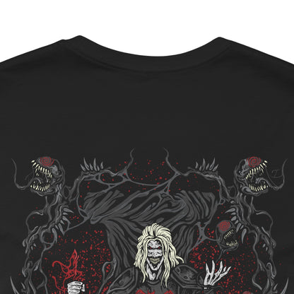 Image 7 of a T-Shirt artwork depicting Knull summoning an army of symbiote dragons beneath a collapsing sky, black tendrils engulfing planets and stars around him. The All-Black Necrosword crackles with dark energy while living shadows twist across his armor. This design reflects his role as creator of the symbiotes and the overwhelming force of an ancient god seeking to consume all light.