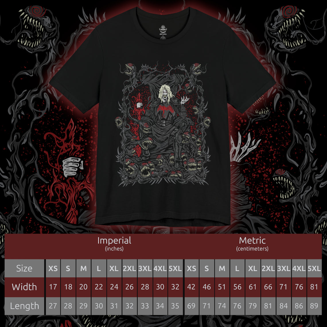 Size chart of a T-Shirt artwork depicting Knull summoning an army of symbiote dragons beneath a collapsing sky, black tendrils engulfing planets and stars around him. The All-Black Necrosword crackles with dark energy while living shadows twist across his armor. This design reflects his role as creator of the symbiotes and the overwhelming force of an ancient god seeking to consume all light.