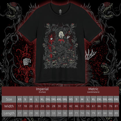 Size chart of a T-Shirt artwork depicting Knull summoning an army of symbiote dragons beneath a collapsing sky, black tendrils engulfing planets and stars around him. The All-Black Necrosword crackles with dark energy while living shadows twist across his armor. This design reflects his role as creator of the symbiotes and the overwhelming force of an ancient god seeking to consume all light.
