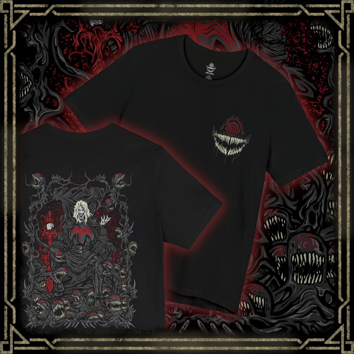 Thumbnail of a T-Shirt artwork depicting Knull summoning an army of symbiote dragons beneath a collapsing sky, black tendrils engulfing planets and stars around him. The All-Black Necrosword crackles with dark energy while living shadows twist across his armor. This design reflects his role as creator of the symbiotes and the overwhelming force of an ancient god seeking to consume all light.