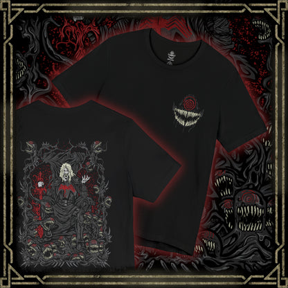 Thumbnail of a T-Shirt artwork depicting Knull summoning an army of symbiote dragons beneath a collapsing sky, black tendrils engulfing planets and stars around him. The All-Black Necrosword crackles with dark energy while living shadows twist across his armor. This design reflects his role as creator of the symbiotes and the overwhelming force of an ancient god seeking to consume all light.