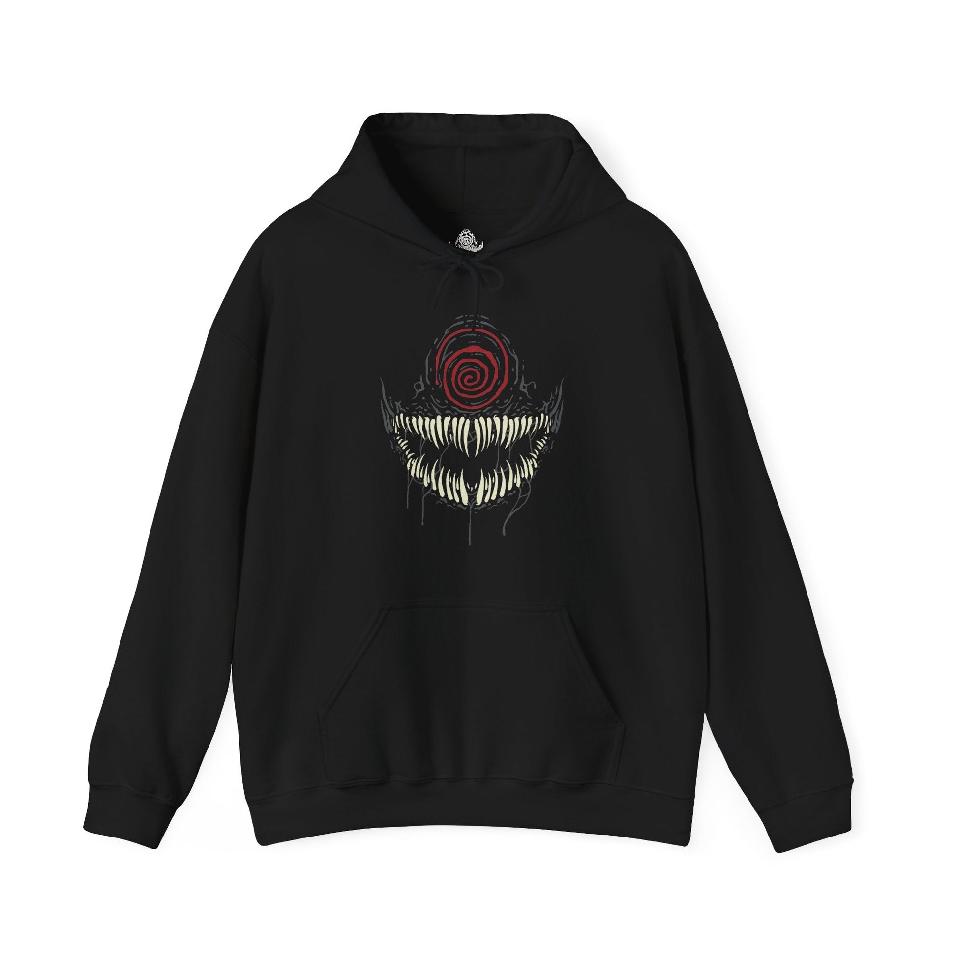 Image 4 of a Hooded Sweatshirt of Knull emerging from cosmic darkness, surrounded by swirling symbiote matter and eldritch void energy. His long white hair contrasts against the abyss while the living darkness beneath him spreads like an endless ocean. The composition emphasizes godlike power, eternal night, and the terrifying presence of the ruler behind Marvel’s symbiote hive mind.