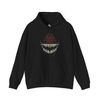 Image 4 of a Hooded Sweatshirt of Knull emerging from cosmic darkness, surrounded by swirling symbiote matter and eldritch void energy. His long white hair contrasts against the abyss while the living darkness beneath him spreads like an endless ocean. The composition emphasizes godlike power, eternal night, and the terrifying presence of the ruler behind Marvel’s symbiote hive mind.