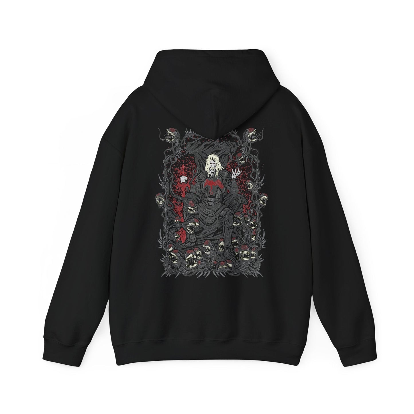 Image 5 of a Hooded Sweatshirt of Knull emerging from cosmic darkness, surrounded by swirling symbiote matter and eldritch void energy. His long white hair contrasts against the abyss while the living darkness beneath him spreads like an endless ocean. The composition emphasizes godlike power, eternal night, and the terrifying presence of the ruler behind Marvel’s symbiote hive mind.