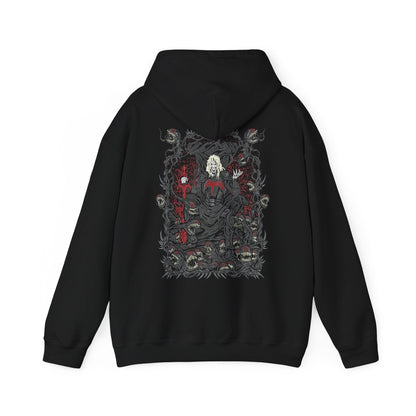 Image 5 of a Hooded Sweatshirt of Knull emerging from cosmic darkness, surrounded by swirling symbiote matter and eldritch void energy. His long white hair contrasts against the abyss while the living darkness beneath him spreads like an endless ocean. The composition emphasizes godlike power, eternal night, and the terrifying presence of the ruler behind Marvel’s symbiote hive mind.