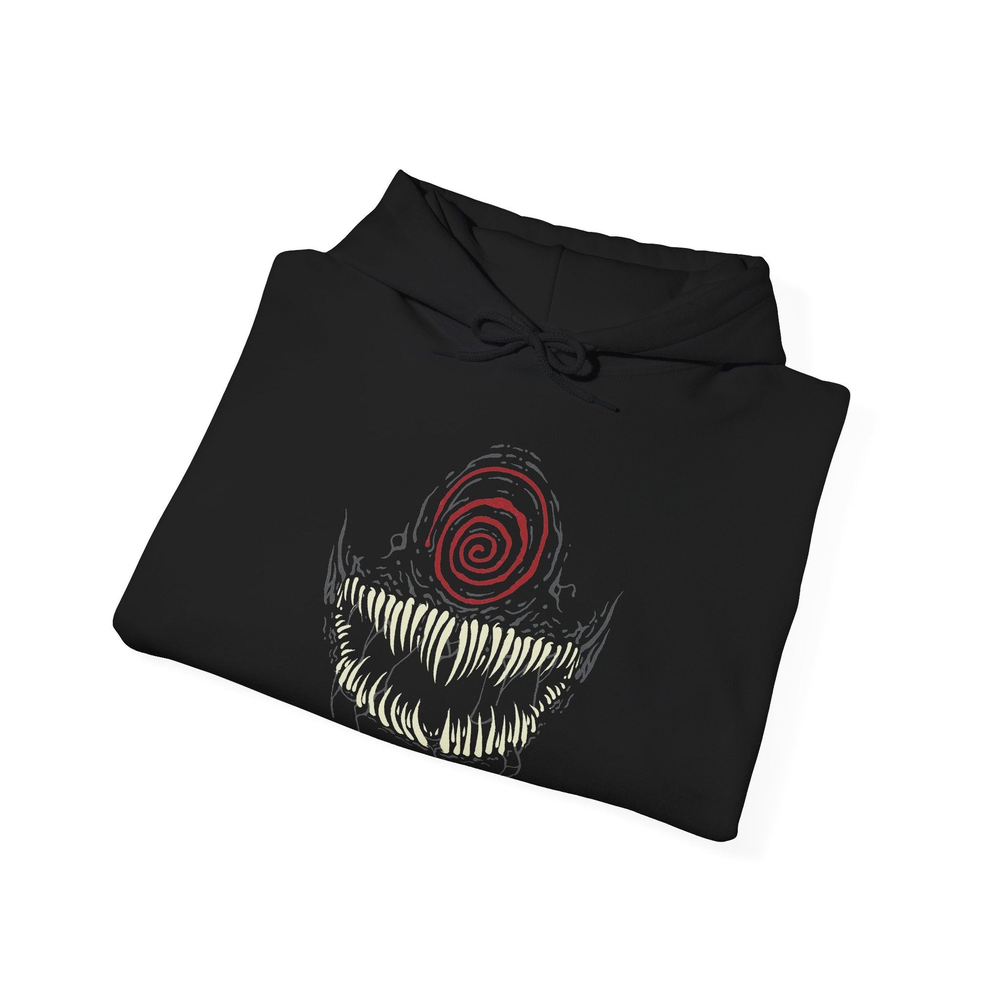 Image 6 of a Hooded Sweatshirt of Knull emerging from cosmic darkness, surrounded by swirling symbiote matter and eldritch void energy. His long white hair contrasts against the abyss while the living darkness beneath him spreads like an endless ocean. The composition emphasizes godlike power, eternal night, and the terrifying presence of the ruler behind Marvel’s symbiote hive mind.