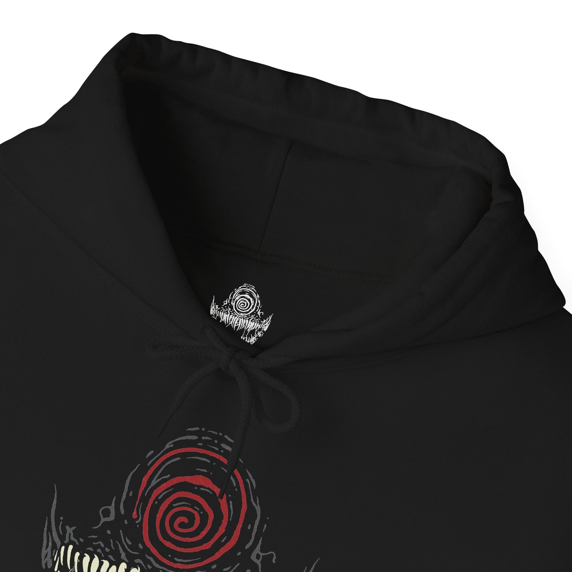 Folded Hooded Sweatshirt of Knull emerging from cosmic darkness, surrounded by swirling symbiote matter and eldritch void energy. His long white hair contrasts against the abyss while the living darkness beneath him spreads like an endless ocean. The composition emphasizes godlike power, eternal night, and the terrifying presence of the ruler behind Marvel’s symbiote hive mind.