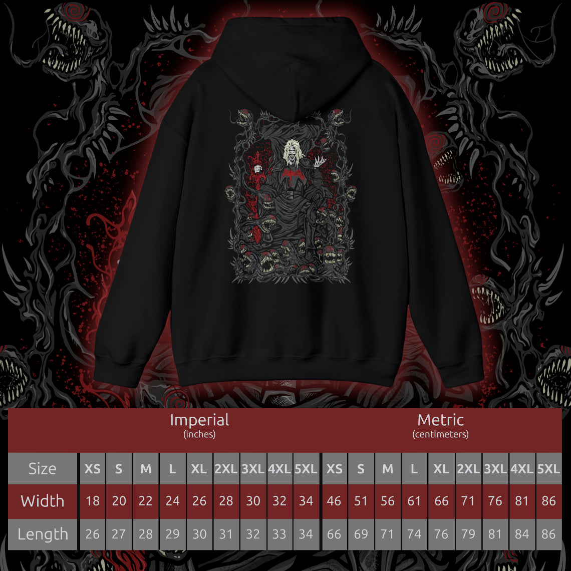 Size chart of a Hooded Sweatshirt of Knull emerging from cosmic darkness, surrounded by swirling symbiote matter and eldritch void energy. His long white hair contrasts against the abyss while the living darkness beneath him spreads like an endless ocean. The composition emphasizes godlike power, eternal night, and the terrifying presence of the ruler behind Marvel’s symbiote hive mind.