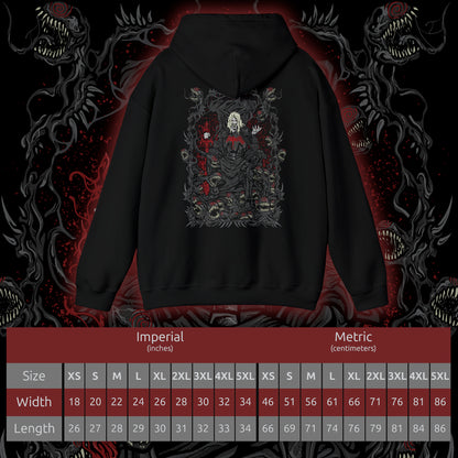 Size chart of a Hooded Sweatshirt of Knull emerging from cosmic darkness, surrounded by swirling symbiote matter and eldritch void energy. His long white hair contrasts against the abyss while the living darkness beneath him spreads like an endless ocean. The composition emphasizes godlike power, eternal night, and the terrifying presence of the ruler behind Marvel’s symbiote hive mind.