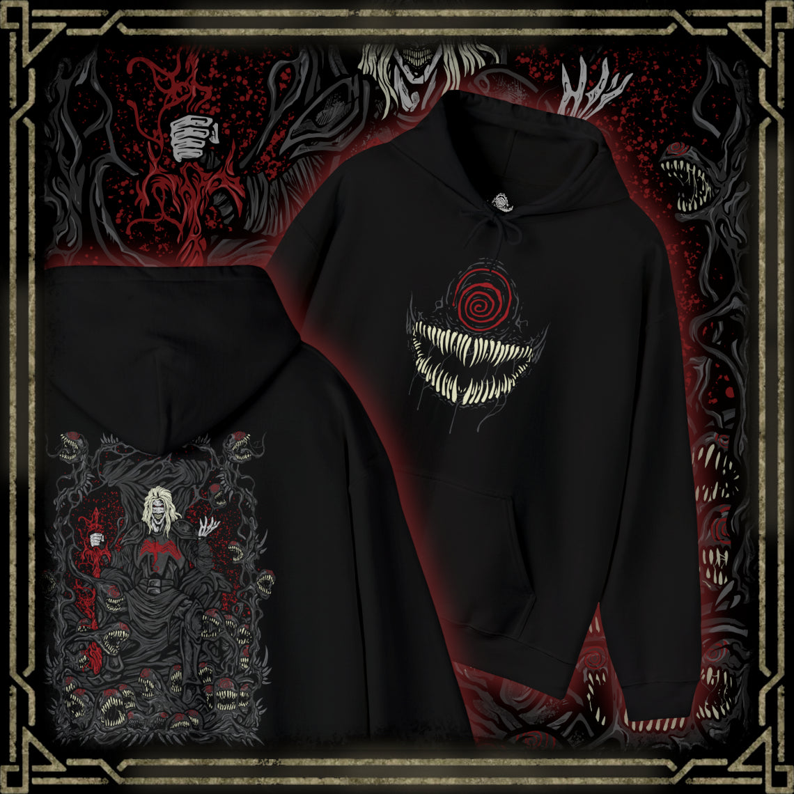 Thumbnail of a Hooded Sweatshirt of Knull emerging from cosmic darkness, surrounded by swirling symbiote matter and eldritch void energy. His long white hair contrasts against the abyss while the living darkness beneath him spreads like an endless ocean. The composition emphasizes godlike power, eternal night, and the terrifying presence of the ruler behind Marvel’s symbiote hive mind.
