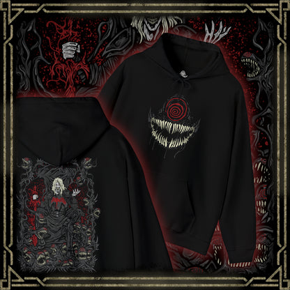 Thumbnail of a Hooded Sweatshirt of Knull emerging from cosmic darkness, surrounded by swirling symbiote matter and eldritch void energy. His long white hair contrasts against the abyss while the living darkness beneath him spreads like an endless ocean. The composition emphasizes godlike power, eternal night, and the terrifying presence of the ruler behind Marvel’s symbiote hive mind.