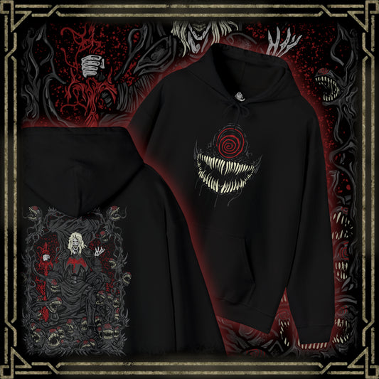 Thumbnail of a Hooded Sweatshirt of Knull emerging from cosmic darkness, surrounded by swirling symbiote matter and eldritch void energy. His long white hair contrasts against the abyss while the living darkness beneath him spreads like an endless ocean. The composition emphasizes godlike power, eternal night, and the terrifying presence of the ruler behind Marvel’s symbiote hive mind.