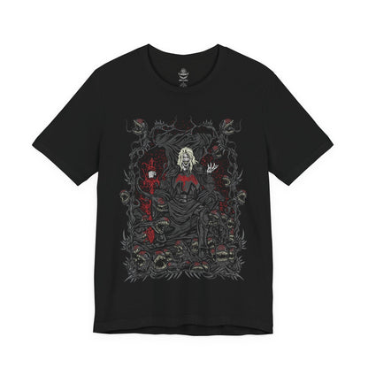 Image 4 of a T-Shirt design of Knull from Marvel, the ancient King in Black standing upon a throne of living symbiote darkness as abyssal tendrils spread across the cosmos. His pale armor and flowing black necrosword radiate godlike menace while red eyes glow within the void. The design captures Knull’s dominion over the symbiotes, embodying primordial darkness, destruction, and cosmic terror.