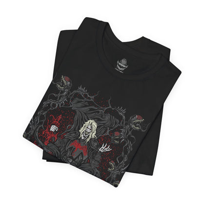 Image 5 of a T-Shirt design of Knull from Marvel, the ancient King in Black standing upon a throne of living symbiote darkness as abyssal tendrils spread across the cosmos. His pale armor and flowing black necrosword radiate godlike menace while red eyes glow within the void. The design captures Knull’s dominion over the symbiotes, embodying primordial darkness, destruction, and cosmic terror.