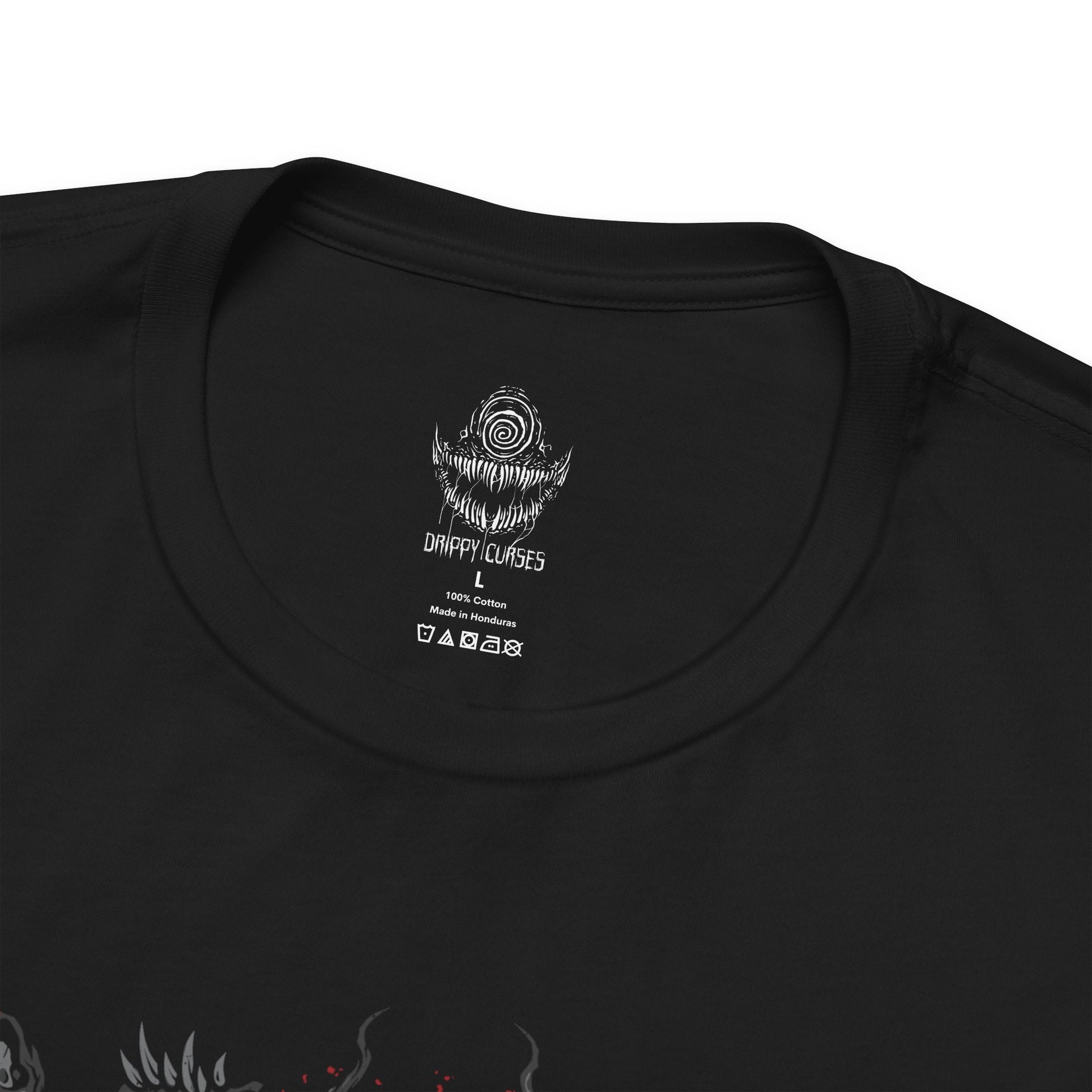 Folded T-Shirt design of Knull from Marvel, the ancient King in Black standing upon a throne of living symbiote darkness as abyssal tendrils spread across the cosmos. His pale armor and flowing black necrosword radiate godlike menace while red eyes glow within the void. The design captures Knull’s dominion over the symbiotes, embodying primordial darkness, destruction, and cosmic terror.