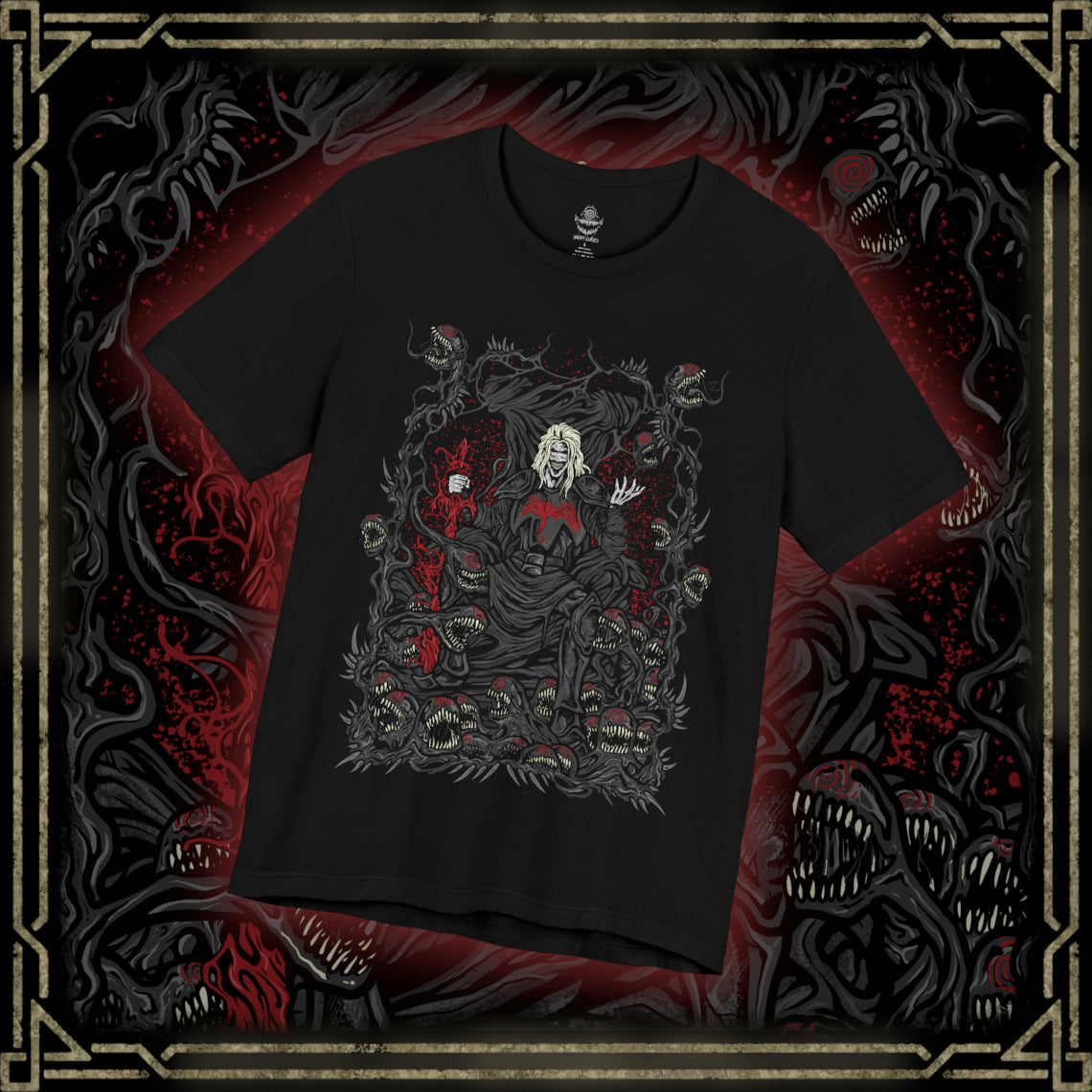 Thumbnail of a T-Shirt design of Knull from Marvel, the ancient King in Black standing upon a throne of living symbiote darkness as abyssal tendrils spread across the cosmos. His pale armor and flowing black necrosword radiate godlike menace while red eyes glow within the void. The design captures Knull’s dominion over the symbiotes, embodying primordial darkness, destruction, and cosmic terror.