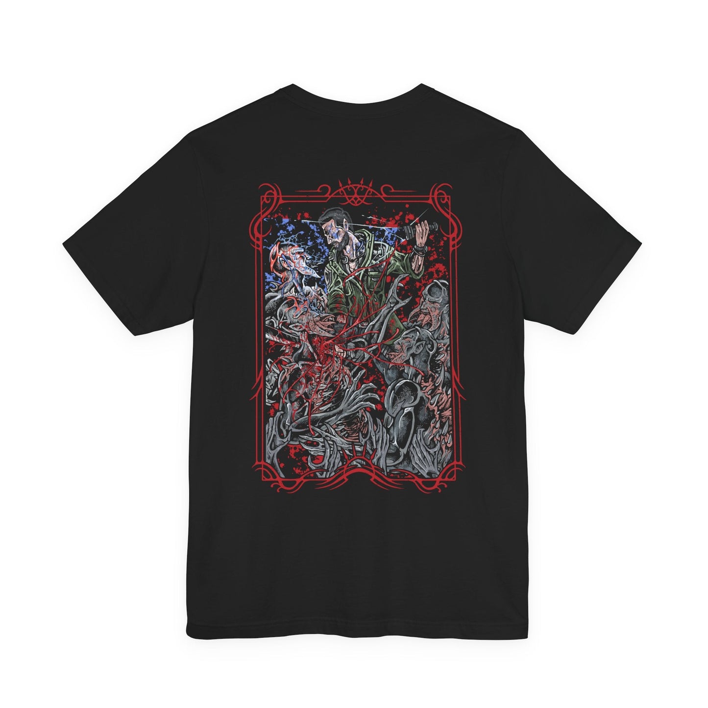 Image 5 of a T-shirt artwork depicting Kyle Crane mid-combat against Volatiles, leaping across rooftops as claws slash through the air behind him. Sparks from a UV flare illuminate their monstrous forms while the city skyline burns in the distance. This design reflects agility, desperation, and the brutal contrast between human endurance and the apex predators that dominate the night.