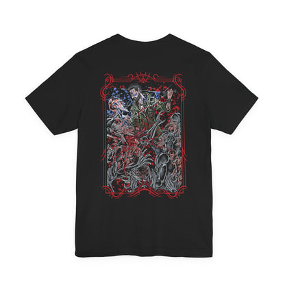 Image 5 of a T-shirt artwork depicting Kyle Crane mid-combat against Volatiles, leaping across rooftops as claws slash through the air behind him. Sparks from a UV flare illuminate their monstrous forms while the city skyline burns in the distance. This design reflects agility, desperation, and the brutal contrast between human endurance and the apex predators that dominate the night.