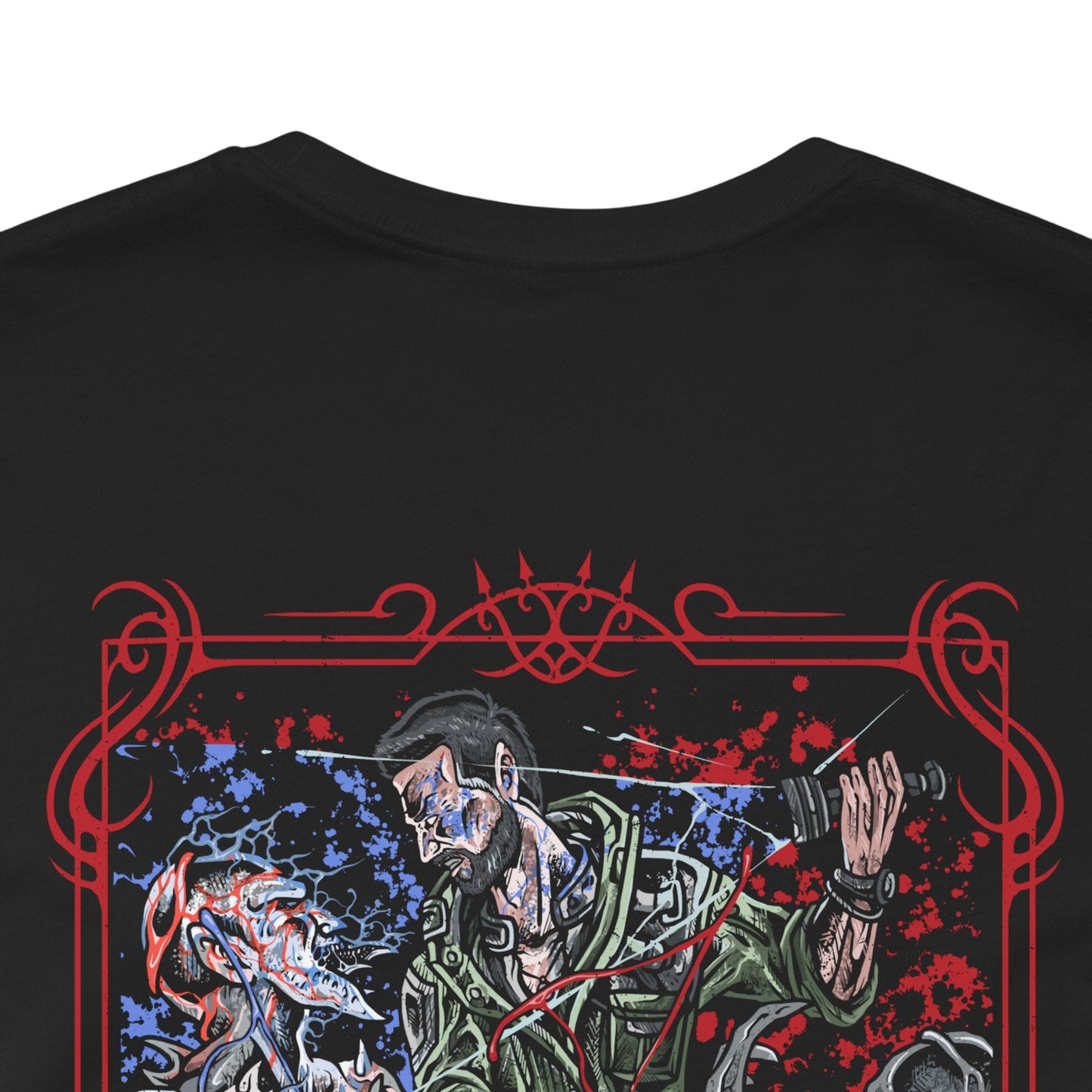Image 7 of a T-shirt artwork depicting Kyle Crane mid-combat against Volatiles, leaping across rooftops as claws slash through the air behind him. Sparks from a UV flare illuminate their monstrous forms while the city skyline burns in the distance. This design reflects agility, desperation, and the brutal contrast between human endurance and the apex predators that dominate the night.