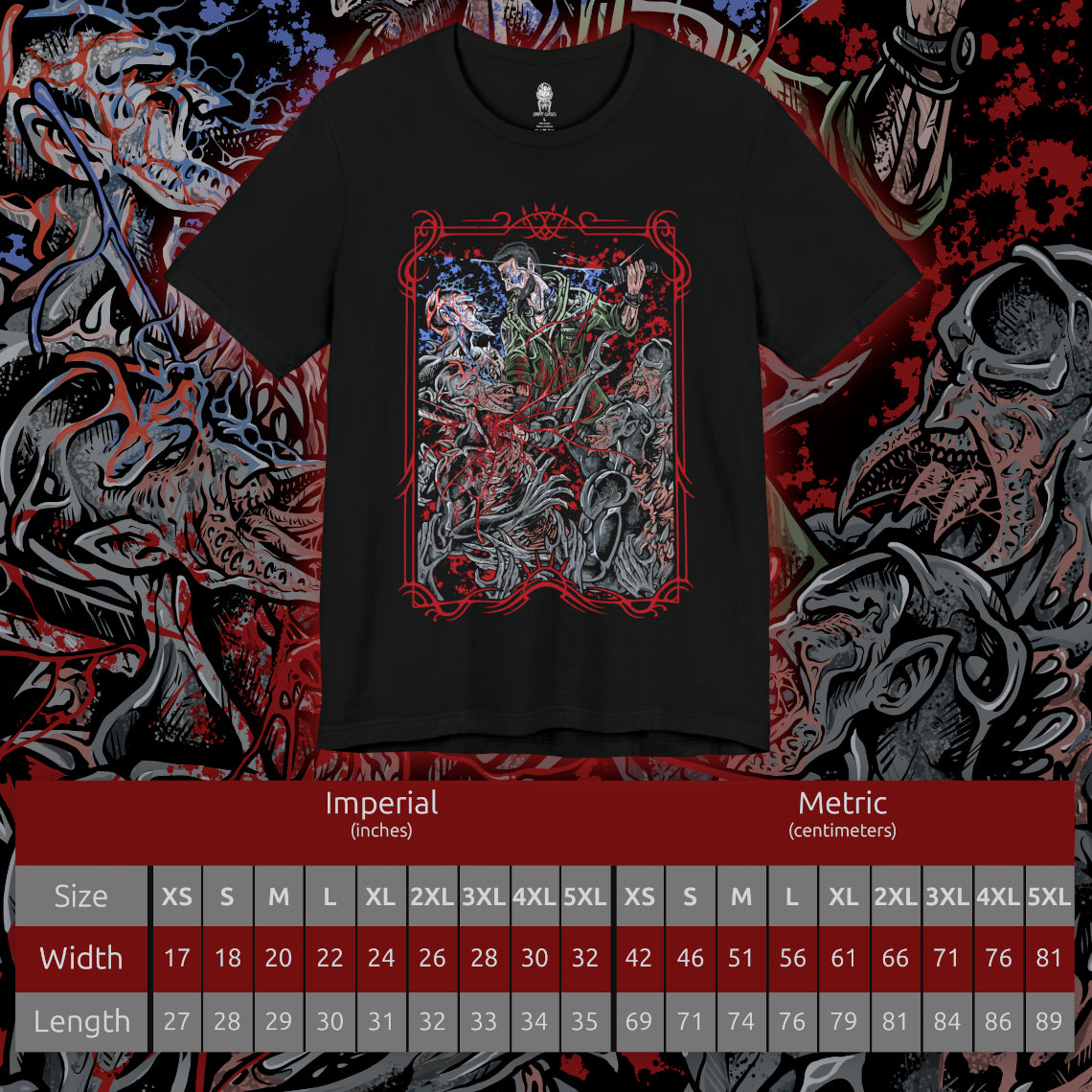 Size chart of a T-shirt artwork depicting Kyle Crane mid-combat against Volatiles, leaping across rooftops as claws slash through the air behind him. Sparks from a UV flare illuminate their monstrous forms while the city skyline burns in the distance. This design reflects agility, desperation, and the brutal contrast between human endurance and the apex predators that dominate the night.
