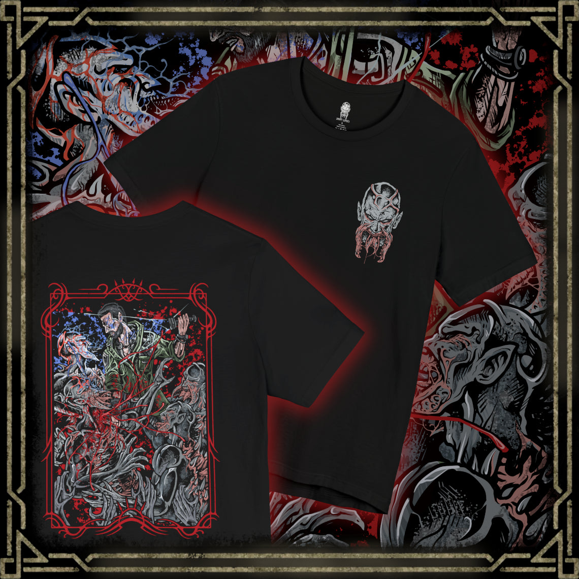 Thumbnail of a T-shirt artwork depicting Kyle Crane mid-combat against Volatiles, leaping across rooftops as claws slash through the air behind him. Sparks from a UV flare illuminate their monstrous forms while the city skyline burns in the distance. This design reflects agility, desperation, and the brutal contrast between human endurance and the apex predators that dominate the night.