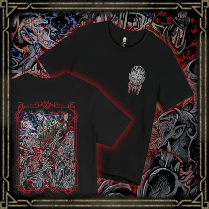 Thumbnail of a T-shirt artwork depicting Kyle Crane mid-combat against Volatiles, leaping across rooftops as claws slash through the air behind him. Sparks from a UV flare illuminate their monstrous forms while the city skyline burns in the distance. This design reflects agility, desperation, and the brutal contrast between human endurance and the apex predators that dominate the night.