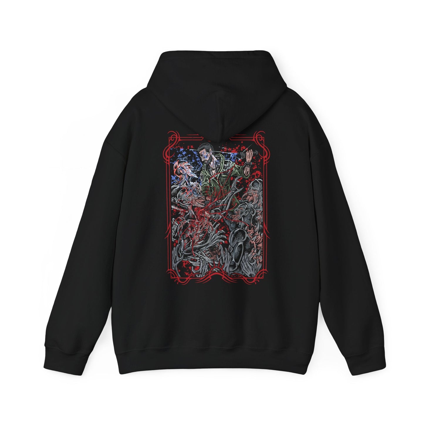 Image 5 of a Hooded Sweatshirt of Kyle Crane standing his ground against multiple Volatiles in a dark alley, weapons ready as the creatures close in from every direction. Their glowing jaws and muscular frames radiate pure danger while faint UV light pushes them back. The composition emphasizes survival horror, tension, and the constant fear of being hunted after dark.