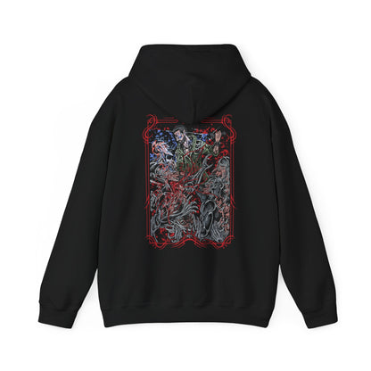 Image 5 of a Hooded Sweatshirt of Kyle Crane standing his ground against multiple Volatiles in a dark alley, weapons ready as the creatures close in from every direction. Their glowing jaws and muscular frames radiate pure danger while faint UV light pushes them back. The composition emphasizes survival horror, tension, and the constant fear of being hunted after dark.