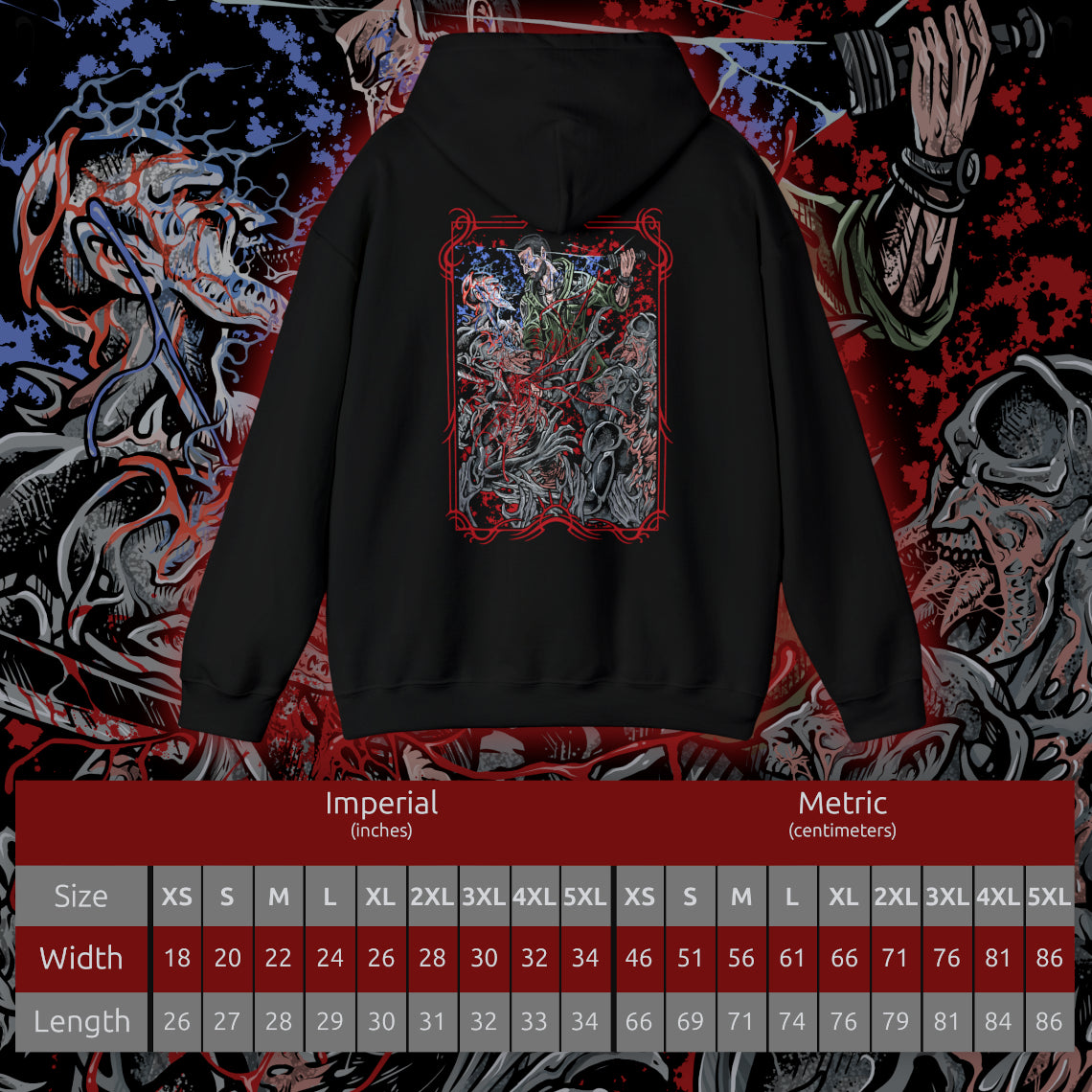 Size chart of a Hooded Sweatshirt of Kyle Crane standing his ground against multiple Volatiles in a dark alley, weapons ready as the creatures close in from every direction. Their glowing jaws and muscular frames radiate pure danger while faint UV light pushes them back. The composition emphasizes survival horror, tension, and the constant fear of being hunted after dark.
