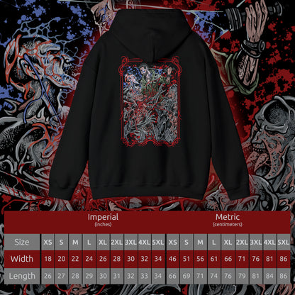 Size chart of a Hooded Sweatshirt of Kyle Crane standing his ground against multiple Volatiles in a dark alley, weapons ready as the creatures close in from every direction. Their glowing jaws and muscular frames radiate pure danger while faint UV light pushes them back. The composition emphasizes survival horror, tension, and the constant fear of being hunted after dark.