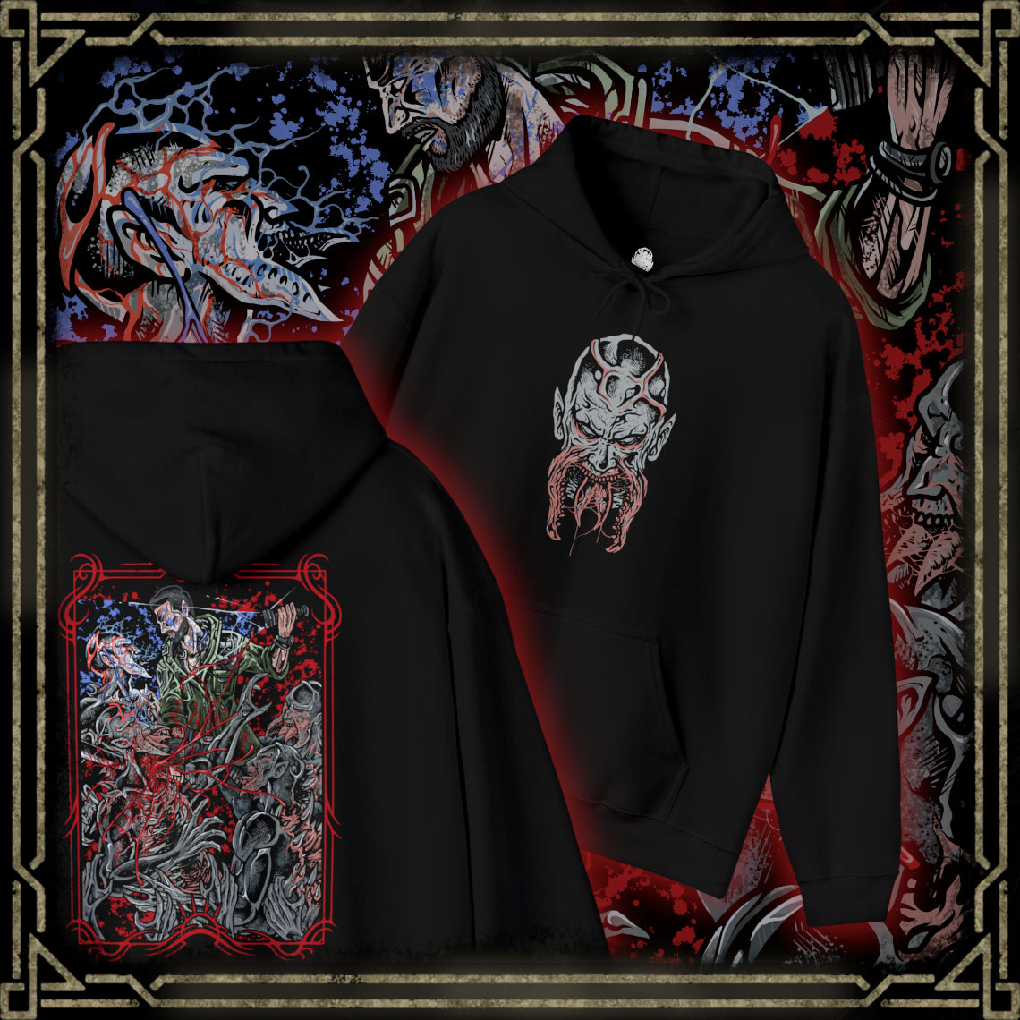 Thumbnail of a Hooded Sweatshirt of Kyle Crane standing his ground against multiple Volatiles in a dark alley, weapons ready as the creatures close in from every direction. Their glowing jaws and muscular frames radiate pure danger while faint UV light pushes them back. The composition emphasizes survival horror, tension, and the constant fear of being hunted after dark.