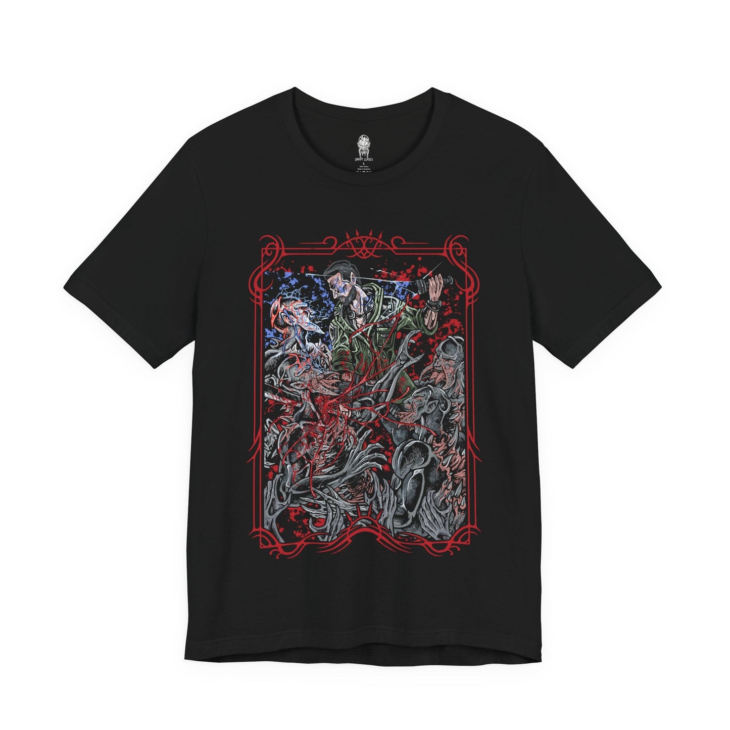 Image 4 of a T-shirt design of Kyle Crane from Dying Light facing a pack of Volatiles on a rooftop at night, UV light glowing in one hand as the creatures emerge from the darkness. Their sinewy bodies and glowing eyes pierce through the shadows while the ruined city stretches below. The design captures the terror of nighttime survival and the relentless hunt that begins after sunset.