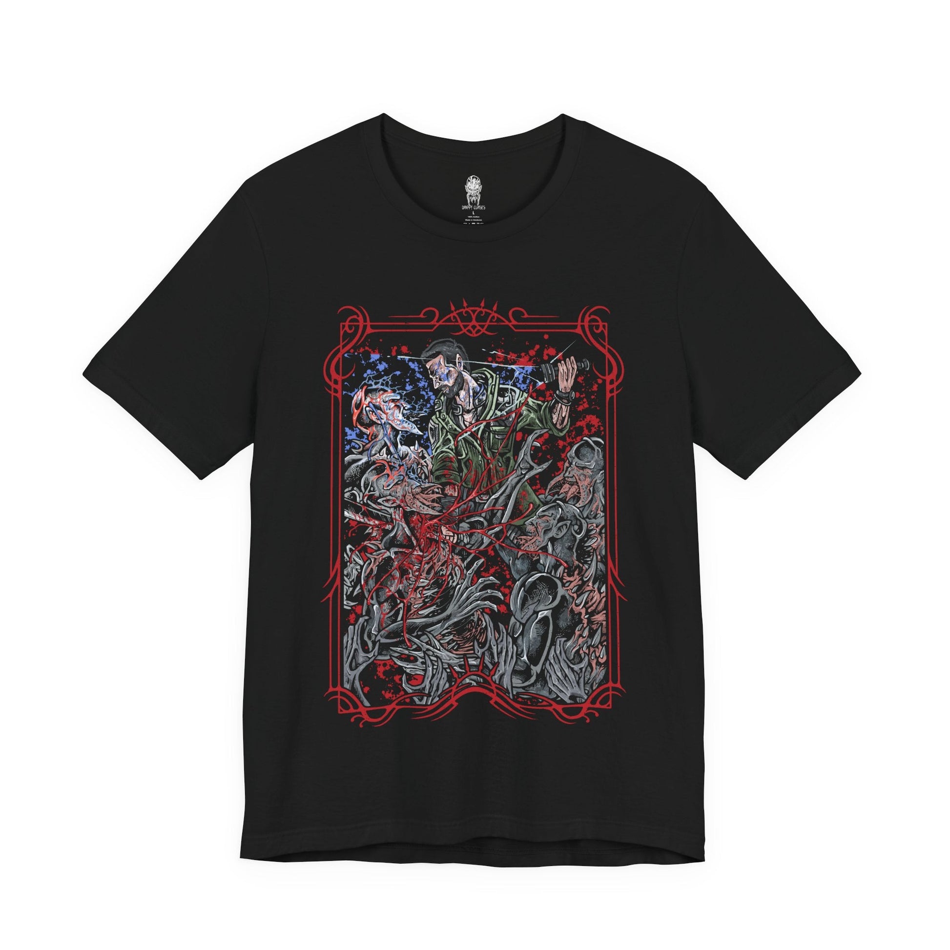 Image 4 of a T-shirt design of Kyle Crane from Dying Light facing a pack of Volatiles on a rooftop at night, UV light glowing in one hand as the creatures emerge from the darkness. Their sinewy bodies and glowing eyes pierce through the shadows while the ruined city stretches below. The design captures the terror of nighttime survival and the relentless hunt that begins after sunset.