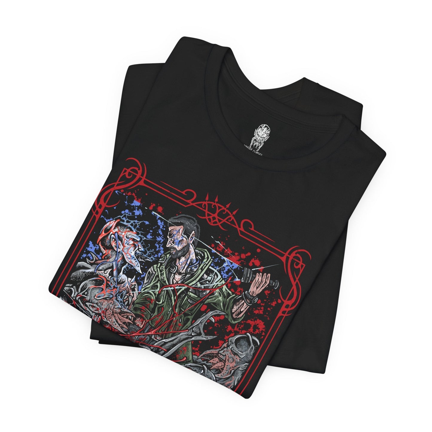 Image 5 of a T-shirt design of Kyle Crane from Dying Light facing a pack of Volatiles on a rooftop at night, UV light glowing in one hand as the creatures emerge from the darkness. Their sinewy bodies and glowing eyes pierce through the shadows while the ruined city stretches below. The design captures the terror of nighttime survival and the relentless hunt that begins after sunset.